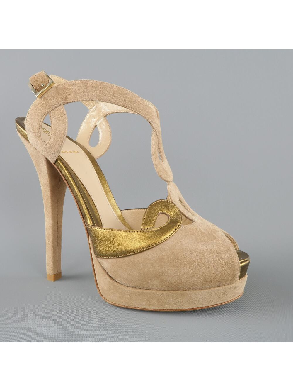 FENDI Size 9 Taupe Suede Metallic Gold Leather Peep Toe Platform Sandals